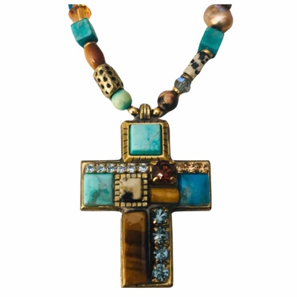 Michal Golan Jewelry - Vintage Michal Golan Cross Necklace Turquoise,Tiger Eye Gemstone Mosaic